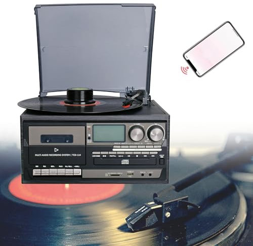 QFGain Centro Musicale Giradischi con Giradischi A 3 velocità, Lettori Cd/Mp3/Cassette, Radio Digitale Am/FM, Fonografo Portatile, Altoparlanti Stereo Integrati, Riproduzione Vinile,Black