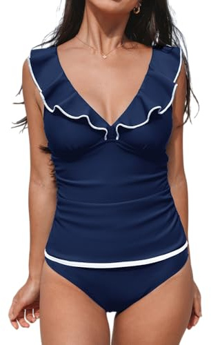 CUPSHE Ensemble tankini deux pièces pour femme avec col en V et bretelles réglables froncés (XS-4XL), Bleu marine, M