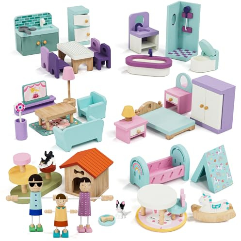 Lehoo Castle Wooden Dollhouse Furniture Set 39 Pcs with 5 Rooms, Family Dolls & Pets, All-Wooden Doll House Accessories and Furniture, Pretend Play Dollhouse Accessories Toy Gift for Kids 3+