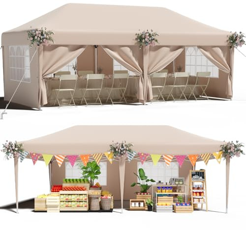 TRIUMPHKEY Tonnelle Pliante 3x6 Imperméable avec Protection UV 50+, Barnum Pliant 3x6 Réglable en Hauteur avec 6 Parois latérales, Tonnelle de Jardin Exterieur Les Festivals et Les événements, Beige