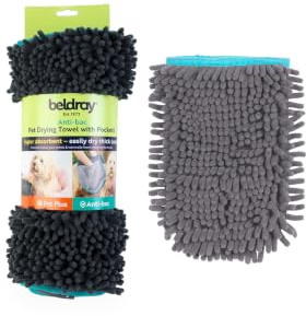 Beldray Pet Plus Pet Drying Towel Set, XL Microfibre Towel And Mitt | Chenille noodle texture, hand pockets with finger dividers, machine washable, antibacterial treated, towel size 78 x 35 cm