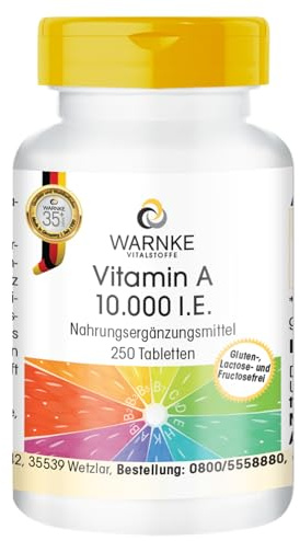 Vitamin A 10.000 IE - 250 tabletter - 3000μg per enhet - Retinylacetat - HÖG DOS - Tysk apotekskvalitet - vegansk | Warnke Vitalstoffe