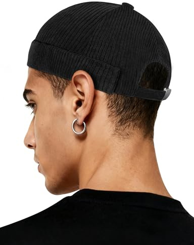 Becellen Docker Cap Herren, Docker Mütze Herren Cap Ohne Schirm Dockermütze Seemannsmütze Fischermütze Brimless Hat Hafenmütze Cord Verstellbar Schwarz für Freizeit und Outdoor