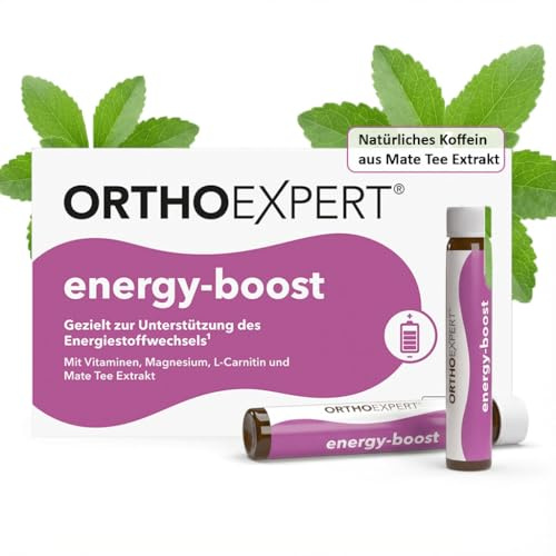 Orthoexpert energy-boost | Vit B12 Ampullen Hochdosiert + Coffein aus Mate Tee + Magnesium | Mehr als reine Vitamin B12 Präparate | 28 Trinkfläschchen