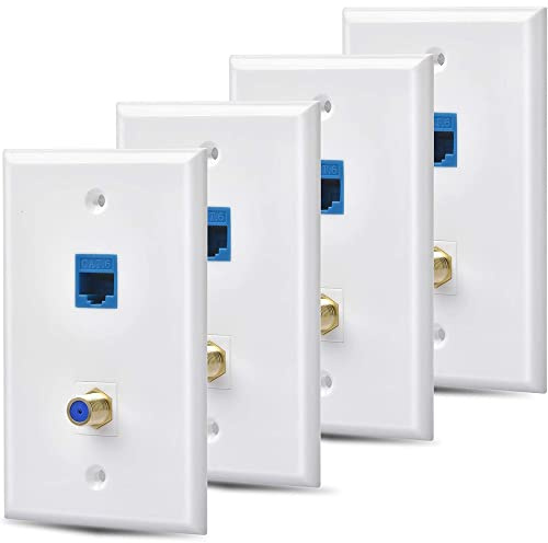 NONDK 4-Pack Ethernet Coax VäGgplåTsuttag med 1 Cat6 -Port och 1 GuldpläTerad Coax F Type Port RJ45 VäGgplåTar