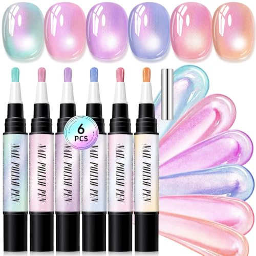 MrCuvaryas Nagellackspenna 6 färger, nagelpoleringspenna utan UV-lampa, snabbtorkande nagelkonstpennor, skimrande färglack med pärlglans, hög täckning nageldesign set för manikyr hem gör-det-själv