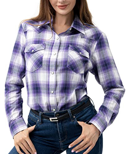 PASHARTUK Western Shirts for Women Cotton Long Sleeve Shirts for Women with Snap Buttons Plaid Shirts for Women (Purple Black 71,XL)