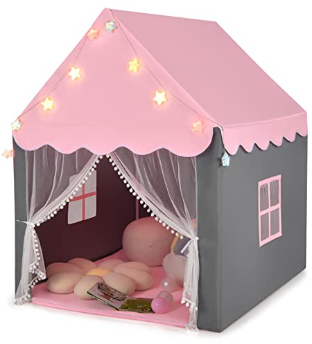 GOPLUS Tienda Campaña Infantil, Tienda de Princesa con Luces de Estrellas, Plegable Play Carpa, Cabaña, Playhouse Toy para Juegos de Interior y Exterior, con Ventana de Malla, Alfombra de Algodón