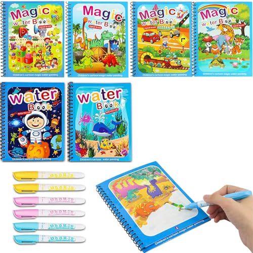 Livre de Dessin Magique de L'eau 6 Pièces Livre Coloriage Eau Magic Water Drawing Book Peinture Magique à L'eau Reutilisable avec 6 Stylo Magique pour Garçons Filles Cadeaux