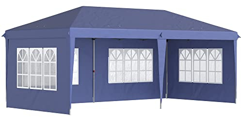 Outsunny Pavillon ca. 3x6m Wasserdicht Pop-up Faltpavillon mit UV-Schutz, Fenster, Partyzelt mit 4 Seitenwänden, Oxford Gartenpavillon inkl. Tragetasche Gartenzelt für Balkon, Terrasse, Blau