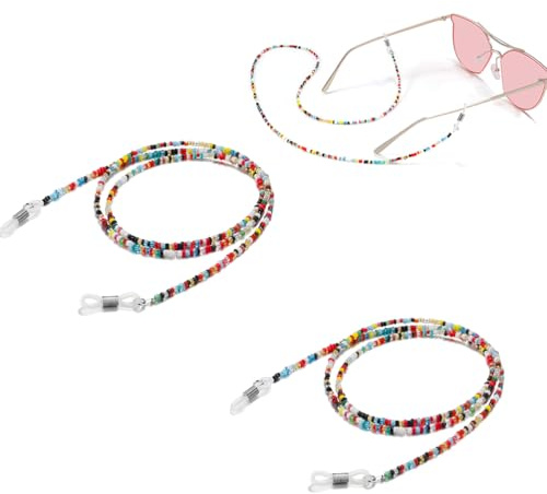 Fc'Noqgn Confezione da 2 corde per occhiali, catena di perline per occhiali, occhiali da sole, pizzo, corda colorata, catena da donna con anello in silicone antiscivolo da uomo
