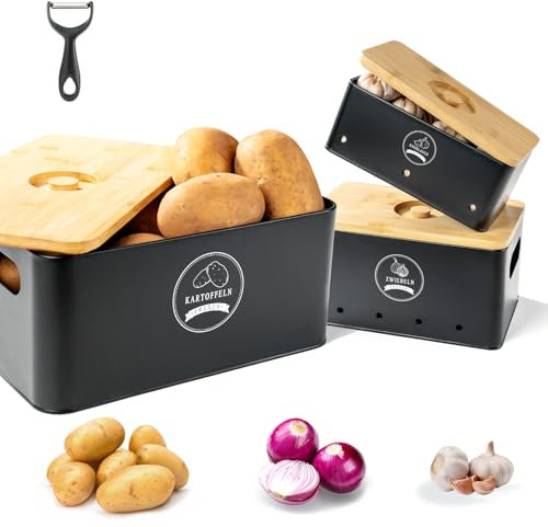 Kartoffel Aufbewahrungsbox [3 Set], Zwiebel Aufbewahrung Luftzirkulation, Haltbarkeit Verzinkte Aluminium Bambus, mit Sparschäler Knoblauch Küchenaufbewahrungsbox, Vintage Aufbewahrung Geschenk