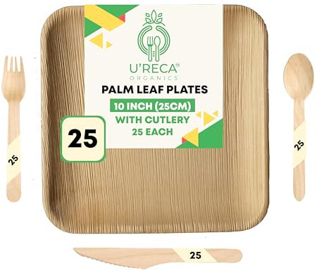 Eco-Friendly Areca Palm Leaf Meal Combo | 10 Square Plates (25) + Birchwood Cutlery (Forks, Knives, Spoons - 25 Each) | Total Pack of 100 | Ideal for Restaurants | Leakproof, Sturdy, Biodegradable