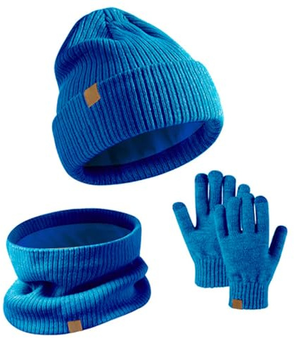 AWAVM Kids Winter Hat Scarf Gloves Set 3 PCS Warm Thermal Knitted Beanie Cap Snood Neck Warmer Touchscreen Mitten Soft Fleece Lining Elastic for Children Aged 5-12 Outdoor Sports
