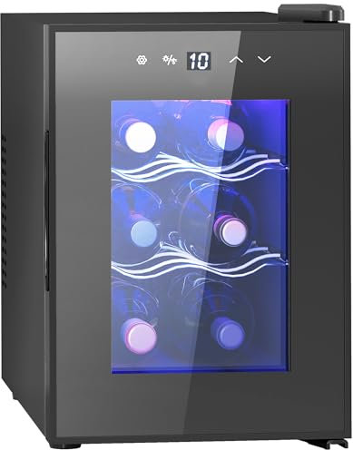 HOMCOM Mini Table Top Wine Fridge, 6 Bottle, 17L, 8-18℃, 26.5cm Quiet Under Counter Wine Cooler Fridge with Glass Door, LED Light, Digital Touch Screen, Temperature Control