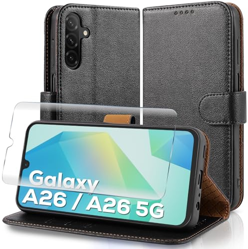 Case Collection for Samsung A26 5G Case and Screen Protector - Leather Folio Flip [Kickstand] Shockproof Cover [RFID Blocking] Magnetic Wallet for Samsung Galaxy A26 5G Phone Case Black
