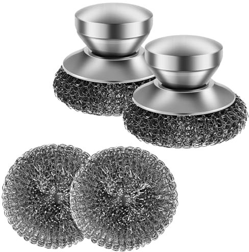 Stainless Steel Scourer Set,Ompinda 2 Pack Stainless Steel Wool Scrubber with Handle and 2 Pcs Replacement Wire Scrubber Wool Pads for Kitchen Pots, Pans, Sink