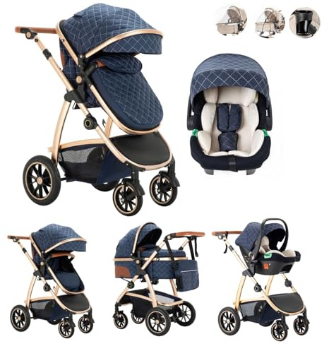 Kakbgee 3 in 1 Passeggino Combinato, Passeggino per Bambini con ECE R129 Seggiolino Auto, Telaio in Alluminio ad alto Campo visivo Carrozzina (22KG, 0-4 Anni)