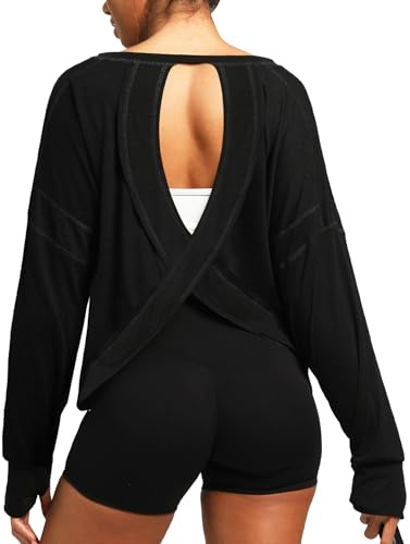 Navneet Women Backless Gym Tops Workout Oversized Gym T Shirts Pilates Tops Thumb Holes Long Sleeve Yoga Top Running Sports Black M