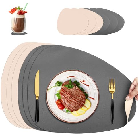 Torven Set de 6 Manteles Individuales Lavables Ovalados & Posavasos, Doble Cara Antideslizante Impermeables para Cocina, Comedor, Oficina (Beige - Gris)