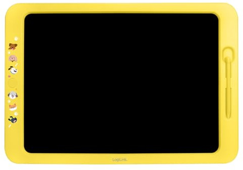 LogiLink AA0183 – Pizarra Infantil LCD de 19 Pulgadas con Base de Pizarra Blanca y Soporte, borrable y regrabable, no daña los Ojos, Color Amarillo