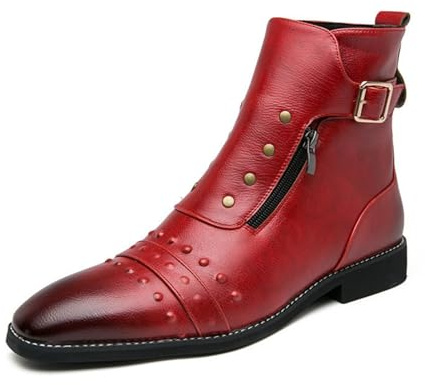 ANUFER Hommes Cool Rivet Bout Pointu Cheville Bottes Boucle Réglable Fermeture éclair Latérale Dressy Bottines Rouge SD5A50808 EU43