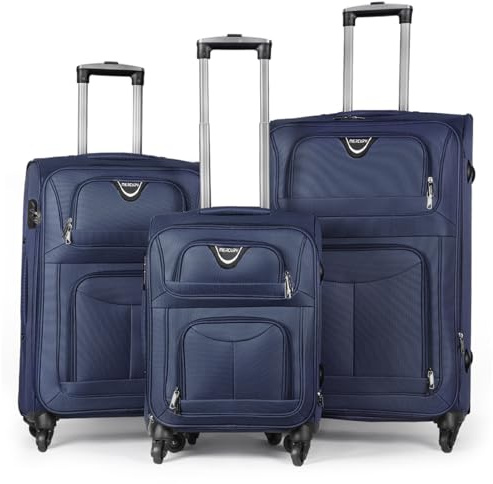 MERCURY TEXTIL - Juego de Maletas 3pcs de Tela con 4 Ruedas Giratorias 360°, Expandible (Cabina, Mediana y Grande), con Cierre de Seguridad - Ideal para Viajes y Vacaciones (Azul Marino)