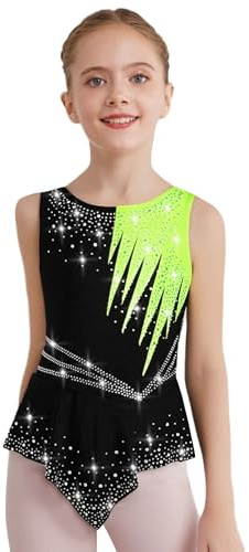 Maillot Competición Gimnasia y Patinaje - Traje Danza Brillante sin Mangas | Falda Ballet con Pedrería Diseño Llama Multicolor,Espalda Abierta V de Malla Transparente Vestido de Danza Ballet Talla 5-16