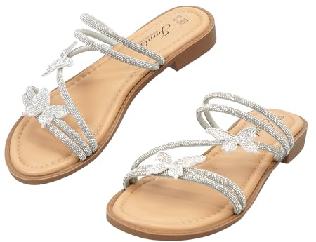 JOMIX Sandalias de Mujer Planas con Strass y Mariposa, Zapatos de Verso Cómodos y Ligeros, Zapatillas Casuales para Uso Diario WFC260275 (Plateado, 39)