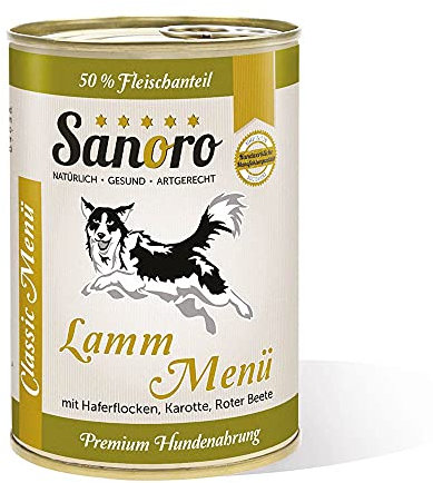 Sanoro Menü Classic Lamm mit 50% Fleischanteil - Premium Hundefutter in Teil-Bio-Qualität - Lamm mit Bio-Haferflocken, Bio-Karotte, Bio-Rote Bete, Bio-Apfel - singleprotein (12 x 400g)