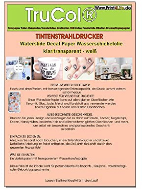 Vattenskjutande film, klistermärke papper, INTENSTRAHLTRYCKERTRYCK, 20 sidor premium Waterslide vattentransferpapper, genomskinligt, tryckbar dekalfolie, självhäftande folie, A4-storlek
