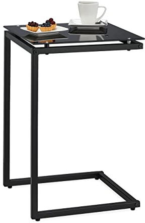Relaxdays Beistelltisch in C-Form, HBT 60 x 40 x 40 cm, Sesseltisch zum Unterschieben, Metall & Glas, Sofatisch, schwarz