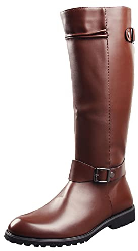 ANUFER Hombre Debajo de la Rodilla Botas de Caballero Cuero de Microfibra Cremallera Vaquero Botas de Correr Marrón SN0707153 EU41.5