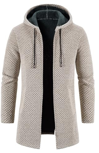 KUDORO Cardigan Gilet Homme Long à Capuche Zippé Cardigan en Tricot Hoodie Épais et Décontractée Polaire Chandail Sweats à Capuche
