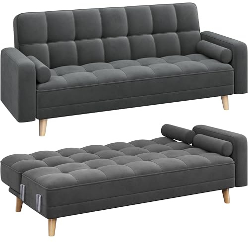 Yaheetech Modern Velvet Sofa Bed 3 Seater Click Clack Sofa Settee Recliner Couch with Wooden Legs for Living Room/Guest Room/Office, Modern Gray