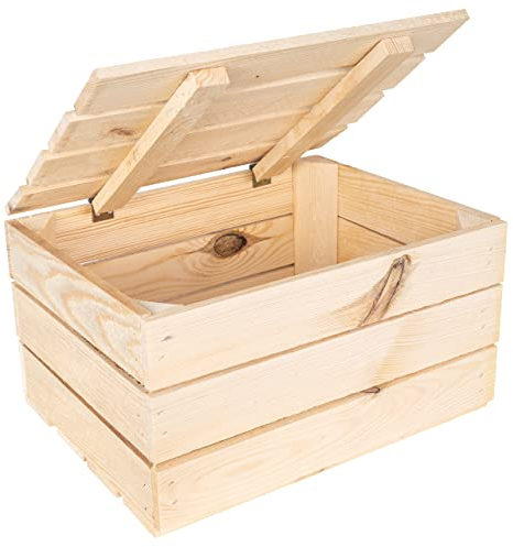 Creative Deco Baule in Legno Naturale con Coperchio Grande | 40 x 30 x 22 | Baule da Esterno, Cassapanca Vintage Shabby | Armadio Legno Portaoggetti per Contenere | per Decorare Fai-da-Te