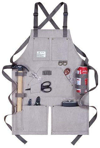 ShopINess Delantal Industrial Multifuncional Unisex de Lona con Bolsillos Delantal Impermeable para Jardinería Barbacoas Catering Bricolaje y Barbería Correa Ajustable y Fácil de Limpiar (Gris Claro)
