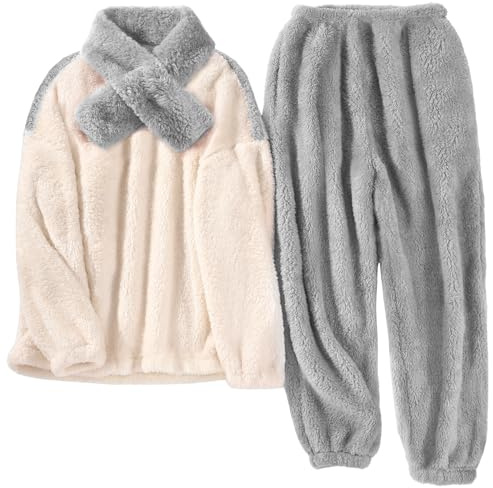 Tuopuda Pyjama Noel Pilou Pilou Femme Pijamas Chauds Polaire, Haut Tops Chic avec Pantalon Hiver Doux Peignoirs de Bain, Robe de Chambre Manches Longues, Gris, L