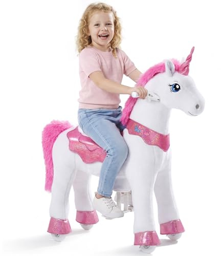 PonyCycle Esencial Modelo E Unicornio Juguete para Niños Montar con Ruedas y Freno Unicornio Balancin Juguete para Niñas (Unicornio Rosa/Talla 4 para 4-7 años)- E412