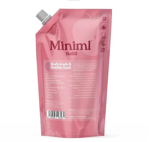 Miniml All Natural Body Wash and Bubble Bath - 1L Refill Moisturising Pink Grapefruit and Aloe Vera Sensitive Skin Eco Shower Gel Bath Soak Vegan Friendly High Foam