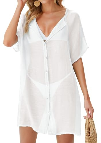 MELLIEX Robe de Plage Femme Coton Tunique Plage avec Boutons Maillot de Bain Plage Chemise Ample Manches Courtes Cache-Maillots et Sarongs, Blanc-M