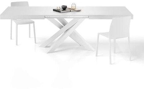 Mobili Fiver, Table Extensible Emma 160(240) x90 cm, Frêne Blanc avec Pieds Croisés Blancs, pour 6-10 Personnes, Table Extensible pour Cuisine, Salon, Made in Italy