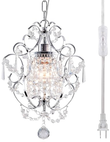 FLSFU Plug in Crystal Chandelier,14.7 Ft Hanging Lights with Clear Cord & On/Off Switch,Plug in Ceiling Light Small Chandeliers for Bedroom Dining Room Entryway Living Room