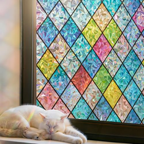 Beautysaid Stained Glass Window Film Privacy, Frosted Window Film with Rainbow Pattern, Anti-UV Static Cling without Glue for Home Bedroom Bathroom Office, 44.5 * 200 cm