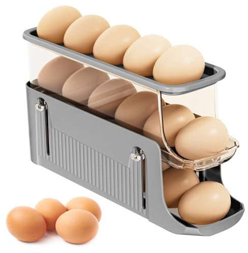 Eierhalter für Kühlschrank, Platzsparender Rollender Eierspender für Kühlschrankaufbewahrung, Abnehmbar Organizer Eier aus Stabilem PTE-Material, hält 15-17 Eier (Grau)