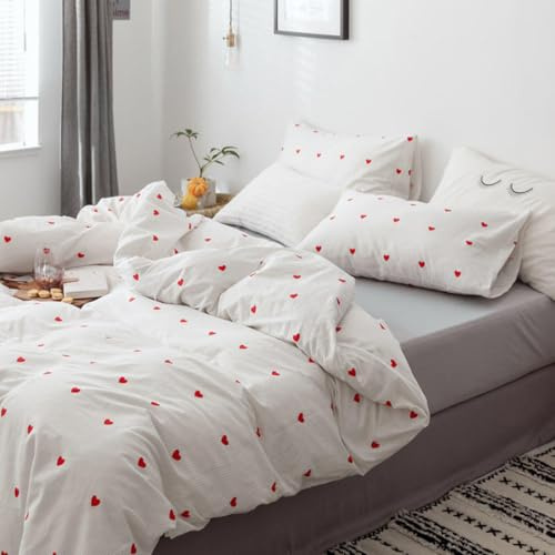 Tospass Parure de lit avec housse de couette 155 x 220 cm et 1 taie d'oreiller de 80 x 80 cm, en microfibre, motif cœur rouge, fines rayures verticales, grises, pour fille