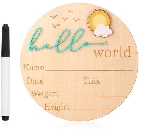 Panneau d'Annonce de Bébé, 14,8 cm Panneau en Bois Hello World pour Nouveau-Né Jolies Plaques de Nom de Naissance pour Fille Garçon Baby Shower Hôpital Crèche Accessoire Photo (Vert)