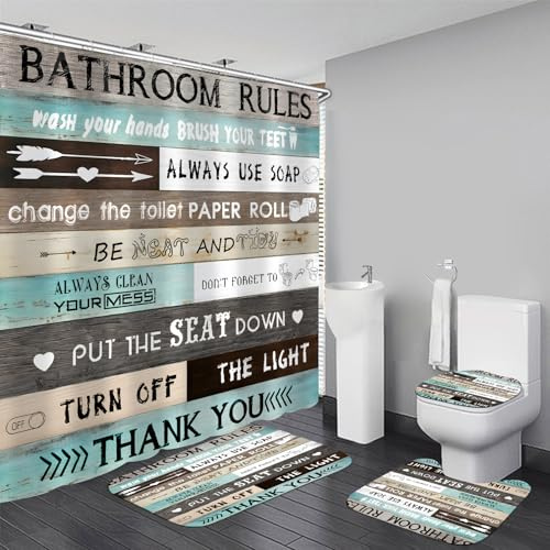 AZHM Juego de cortinas de ducha con citas inspiradoras para baño, 4 piezas, diseño de retazos marrón y verde azulado, juego de decoración de accesorios de baño con cortina de ducha y alfombras