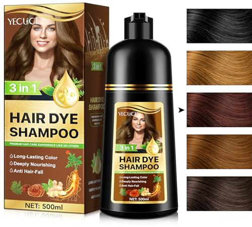 Black Hair Dye Shampoo 3 en 1, Champu Tinte Negro para Cabello, Brown Hair Dye Shampoo, Champu para Canas, Champú Color tinte de pelo en minutos Champú tinte Mujer y Hombres, 500ML(Castaño)