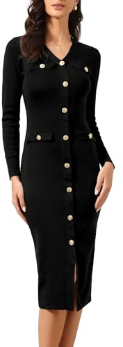 Allegra K Vestido Ajustado para Mujer De Punto Tipo Suéter Cuello En V Manga Larga con Botones Decorativos Vestido Midi Dobladillo Dividido Negro L